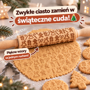 Świąteczny wałek 3D– drewniany wałek z wzorami do pierników i ciasteczek (35 cm)